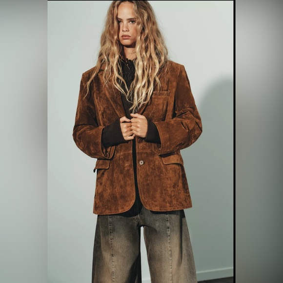 NWT ZW Zara Brown Pig Leather Suede Women's Jacket Blazer Belt M-L Toffee 4341 - Picture 2 of 7